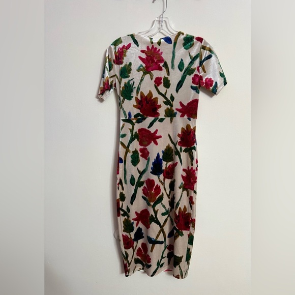 Zara Trafal Velvet Cream Burgundy Navy Floral V-Neck Midi Women’s Dress Medium M - Picture 5 of 5